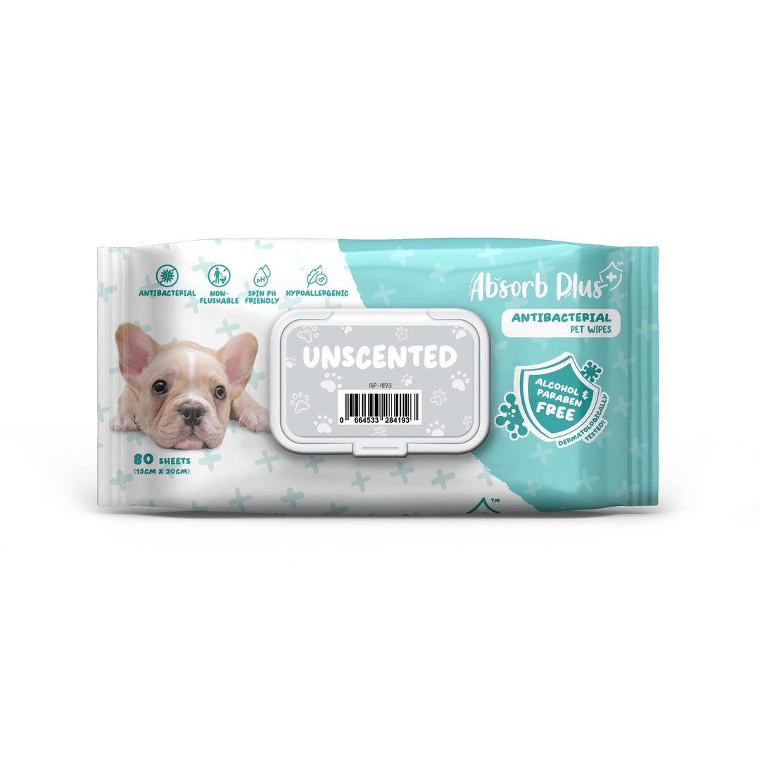 Absorb Plus AntiBacterial Pet Wipes Unscented 15cm x 20cm - 80sheets