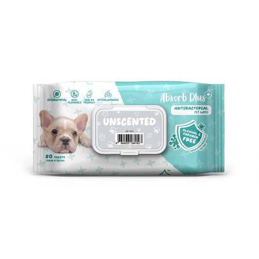 Absorb Plus AntiBacterial Pet Wipes Unscented 15cm x 20cm - 80sheets