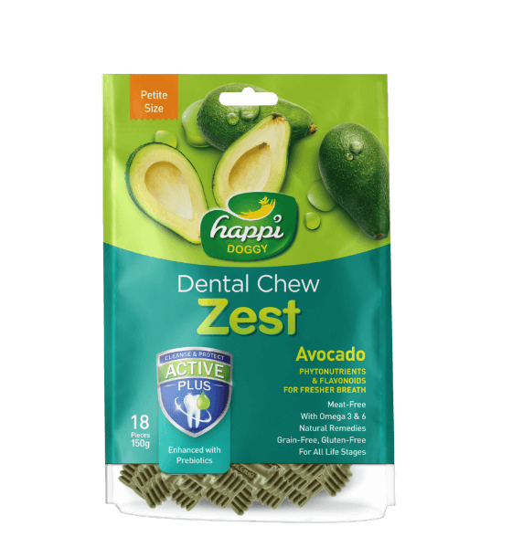 Happi Skippi Zest Avocado Dental Chew Petite 150g packaging