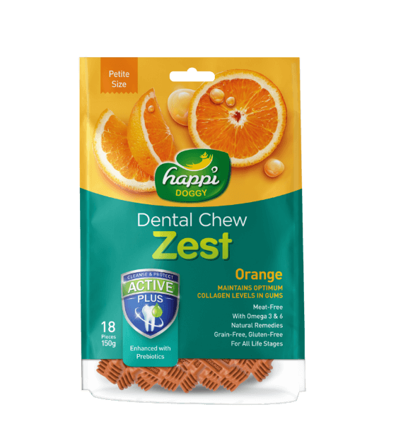 Happi Skippi Zest Orange Dental Chew Petite 150g packaging