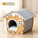 Festive Cottage Semi-Closed Felt Cat Nest (Size L) with wood and felt detailing