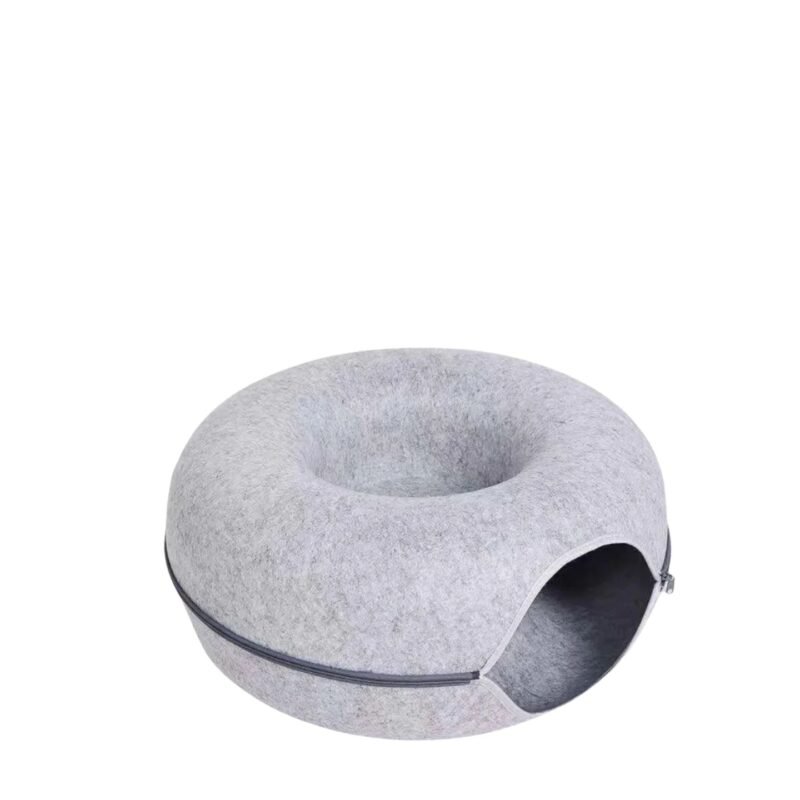 2-in-1 Cat Tunnel & Felt Donut Bed (Light Grey)-S