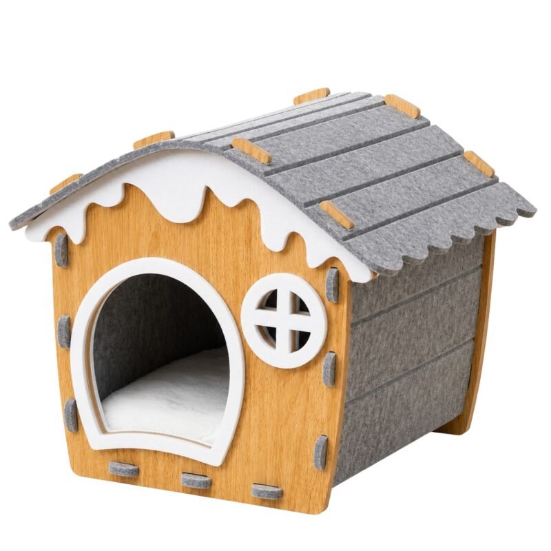 Festive Cottage Semi-Closed Felt Cat Nest (Size L) with wood and felt detailing