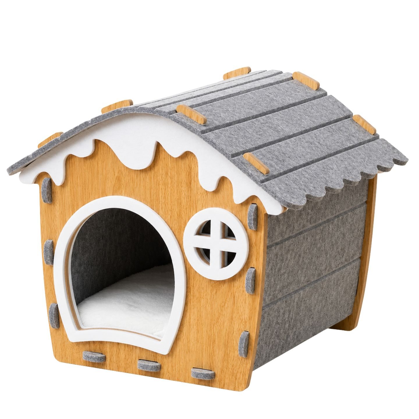 Festive Cottage Semi-Closed Felt Cat Nest (Size L) with wood and felt detailing Festive Cottage Semi-Closed Felt Cat Nest (Size L) with wood and felt detailing