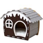 Festive Cottage Semi-Closed Felt Cat & Dog House (Size XL) with wood-finish and grey felt detailing