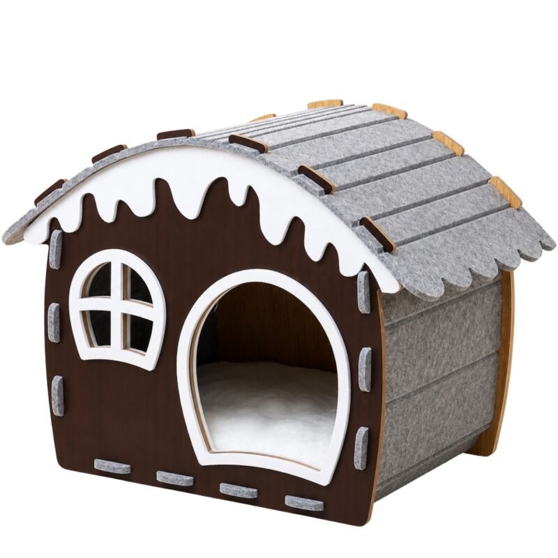 Festive Cottage Semi-Closed Felt Cat & Dog House (Size XL) with wood-finish and grey felt detailing
