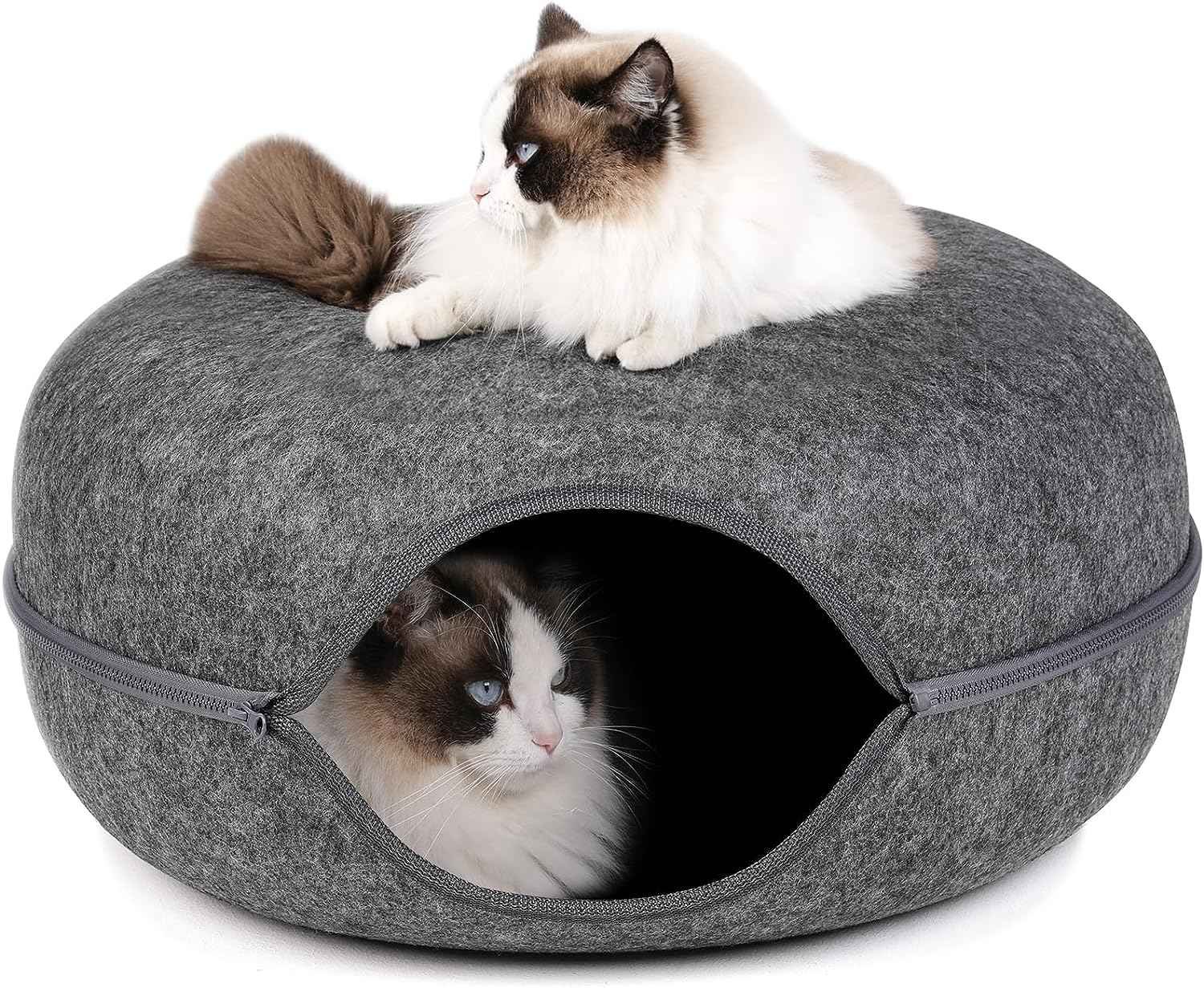 2‑in‑1 Cat Tunnel & Felt Donut Bed (Dark Grey)