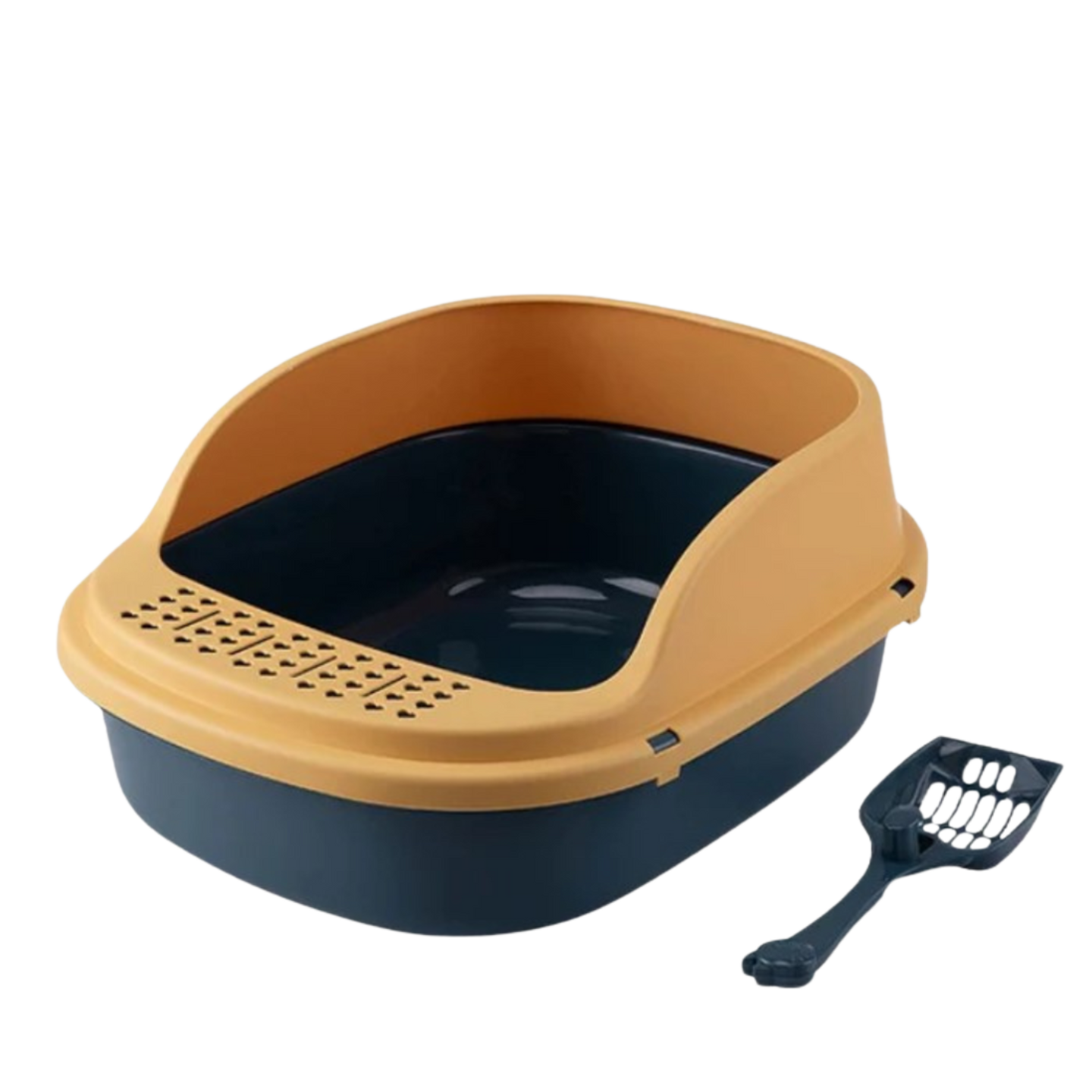 Open-Top Cat Litter Box with matching shovel in blue and yellow