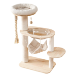 Maru Solid Wood Cat Tower – 104cm with hammock, transparent bowl, and perches