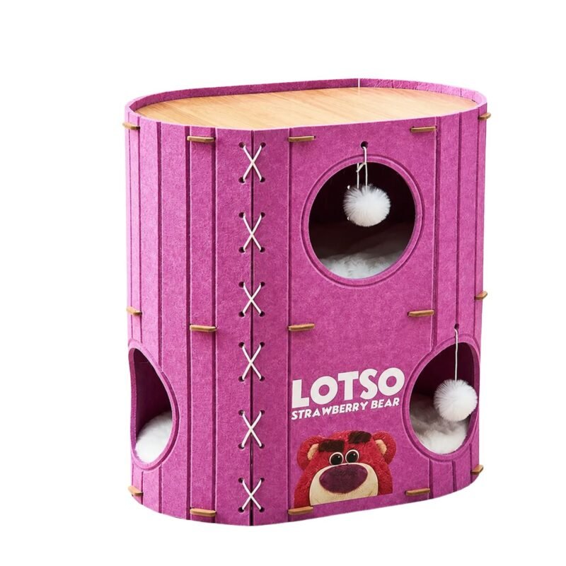 wo-Layer Strawberry Bear Cat House – Premium Hard Felt Kitty Nest & Scratching Board – 60x40x60 cm