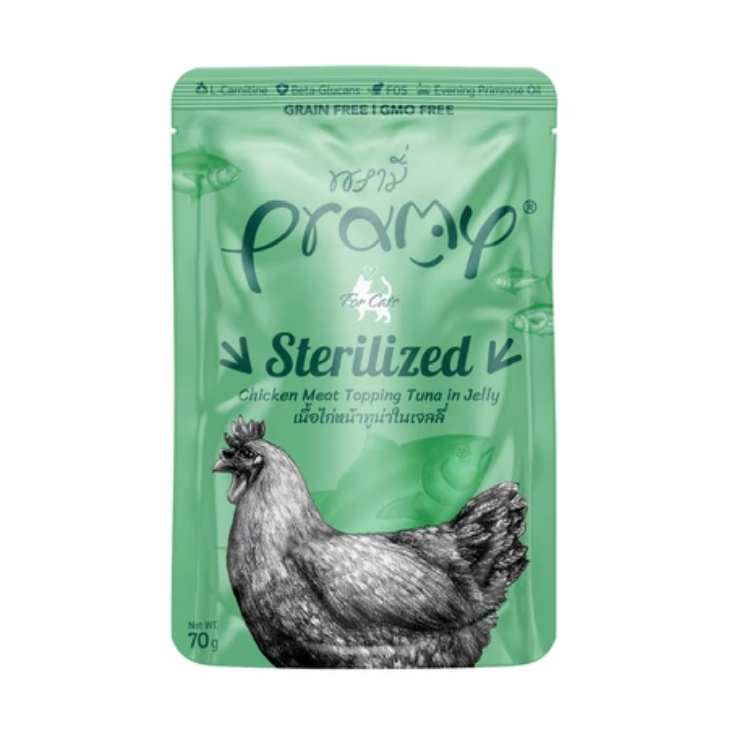 Pramy Cat Sterilized Chicken Meat Topping Tuna in Jelly packaging
