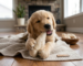 A happy golden retriever puppy holding a natural freeze-dried chicken breast treat in its paws while resting on a cozy blanket.