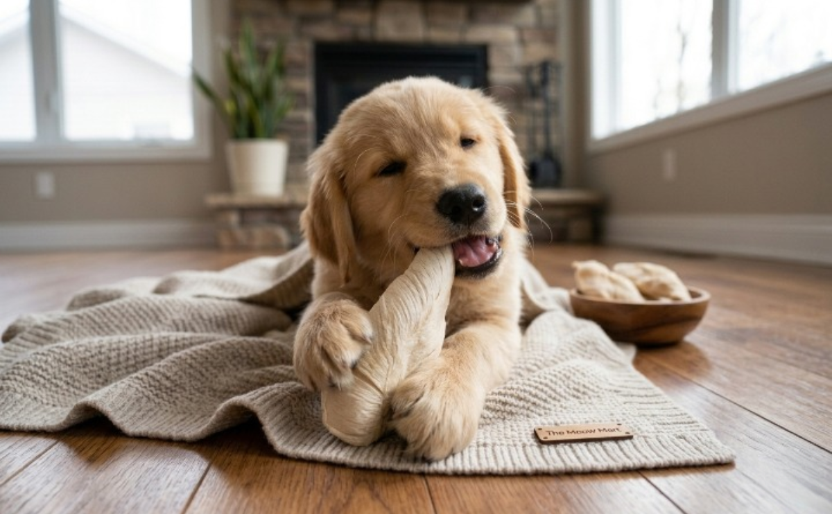 A happy golden retriever puppy holding a natural freeze-dried chicken breast treat in its paws while resting on a cozy blanket.