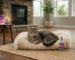 A calm gray tabby cat is sleeping comfortably on a fluffy white fur cat bed, which is placed on a textured jute rug. The peaceful environment demonstrates how to calm a stressed cat using Feliway products, seen on the floor and side table.