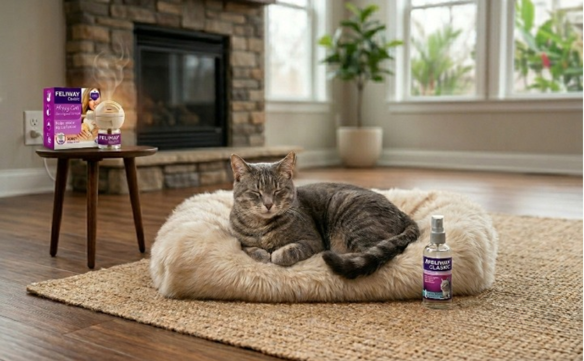 A calm gray tabby cat is sleeping comfortably on a fluffy white fur cat bed, which is placed on a textured jute rug. The peaceful environment demonstrates how to calm a stressed cat using Feliway products, seen on the floor and side table.