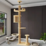 Maru Solid Wood Cat Tower – 104cm with hammock, transparent bowl, and perches