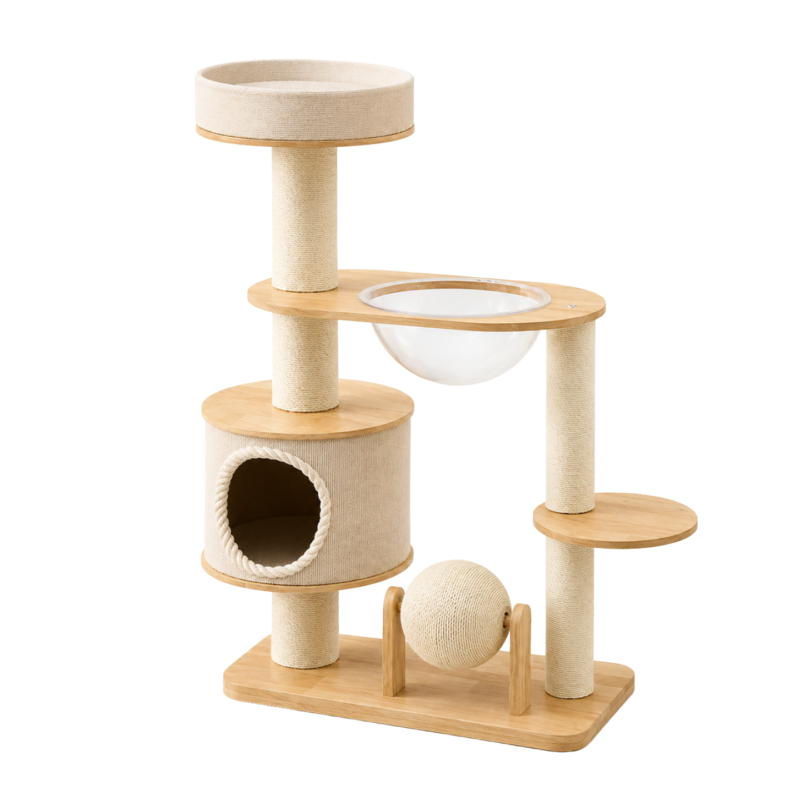 112.5cm Whisker Villa Solid Wood Cat Tree & Condo with Scratch House