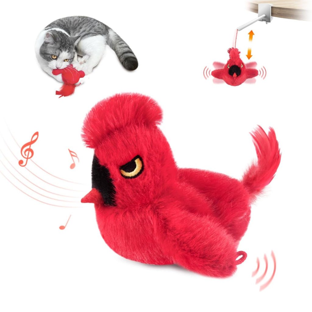 Magipaws touch-activated, rechargeable flapping and chirping Cardinal bird toy with catnip