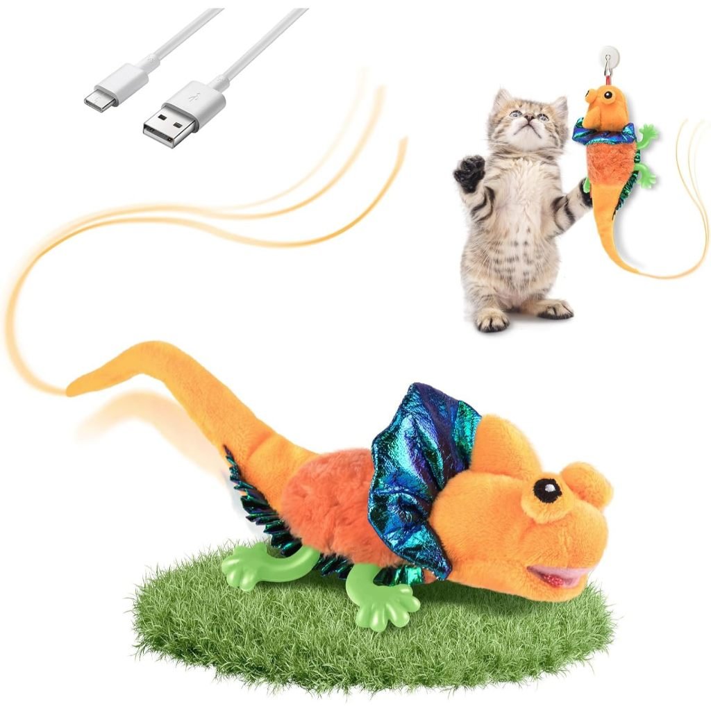 Migipaws touch-activated, rechargeable flapping and chirping orange lizard toy with catnip