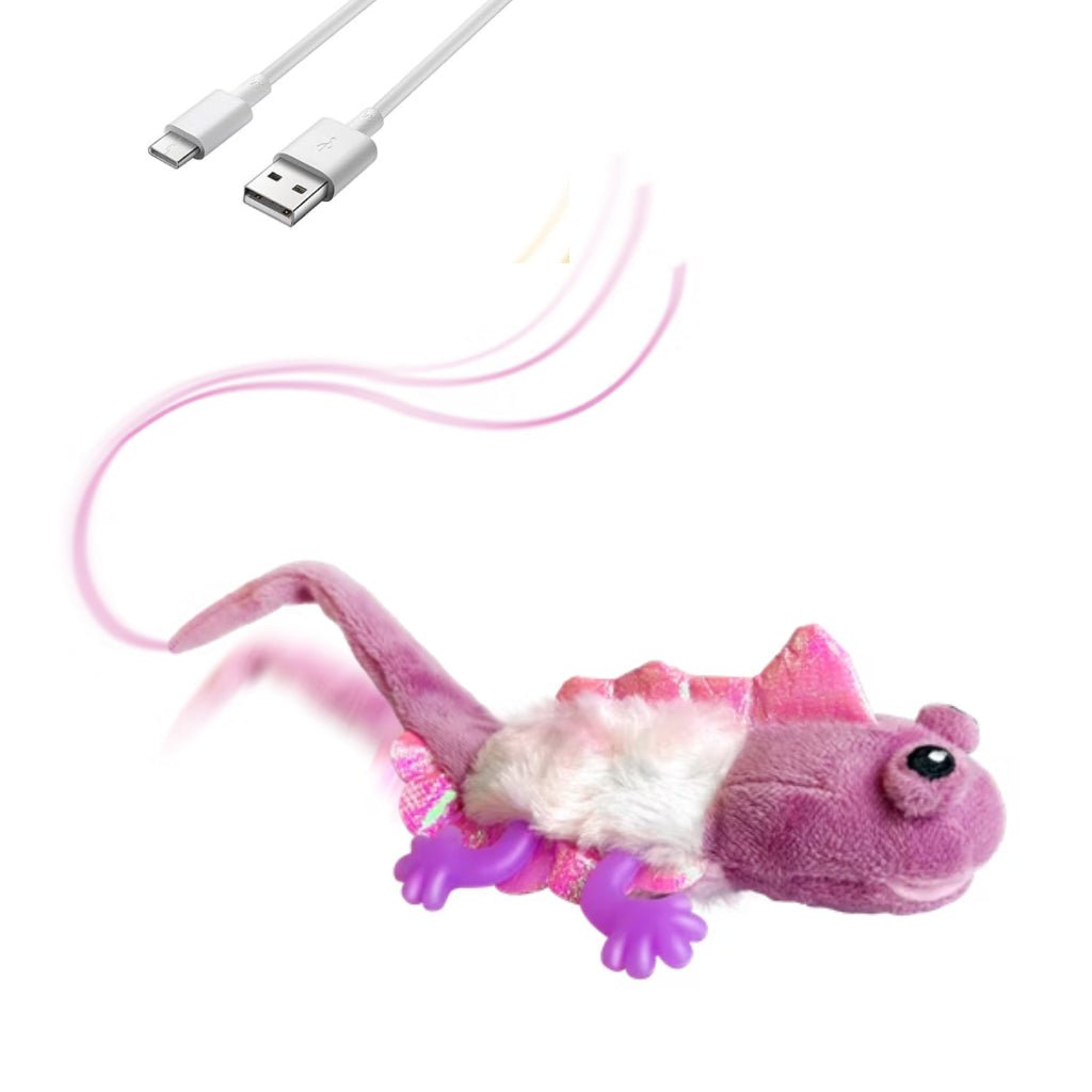Migipaws touch-activated, rechargeable flapping and chirping purple lizard toy with catnip