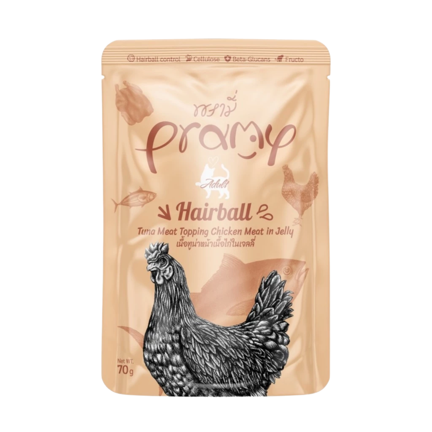 Pramy Adult Hairball Tuna Meat Topping Chicken in Jelly 12-Pouch Pack