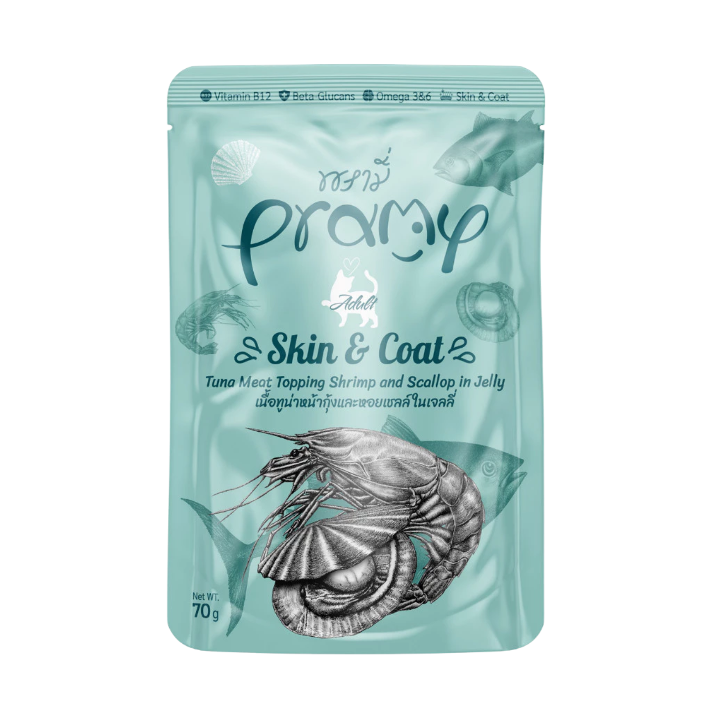 Pramy Adult Skin & Coat Tuna Meat Topping Shrimp and Scallop in Jelly 12-Pouch Pack