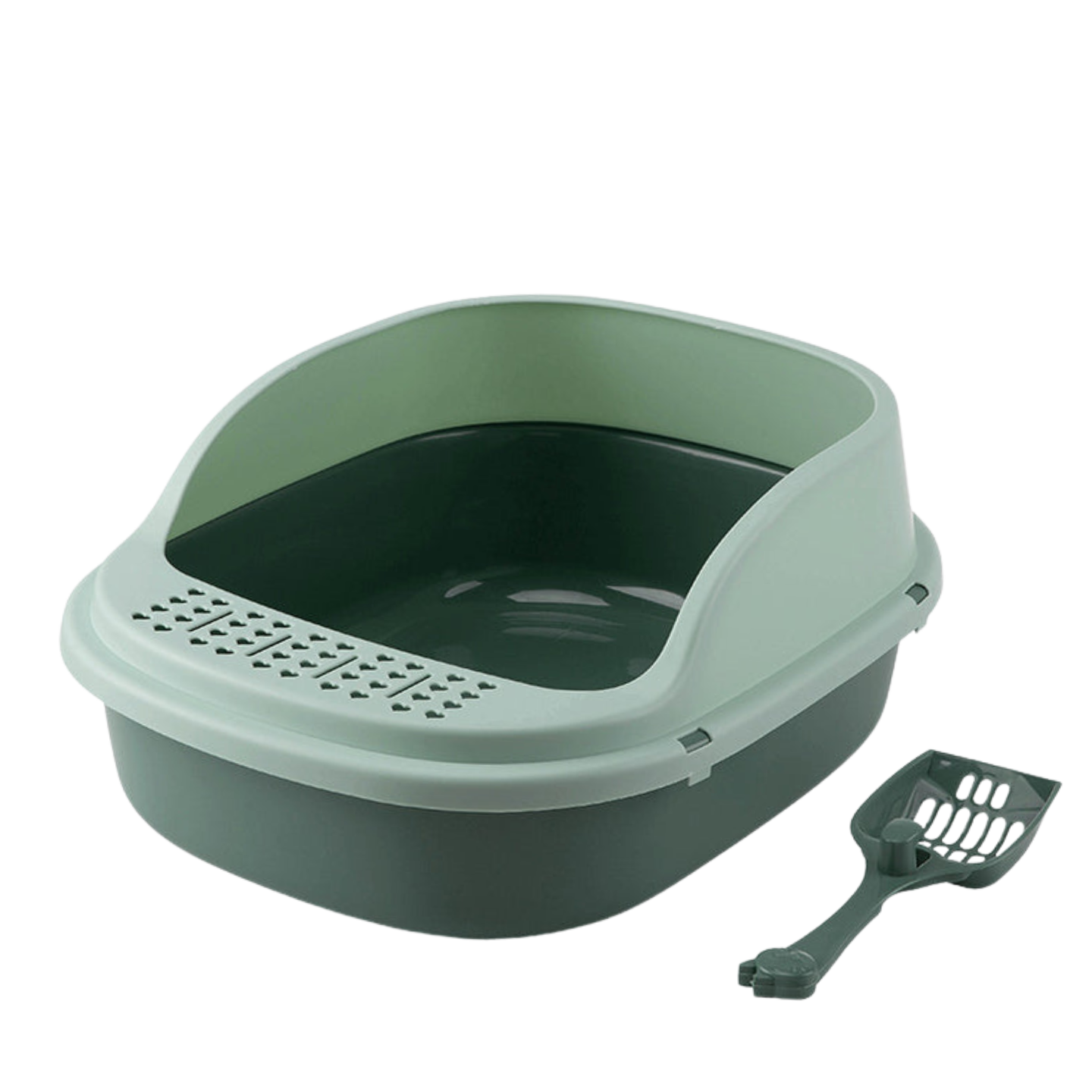 Open-Top Cat Litter Box with matching shovel in green and green