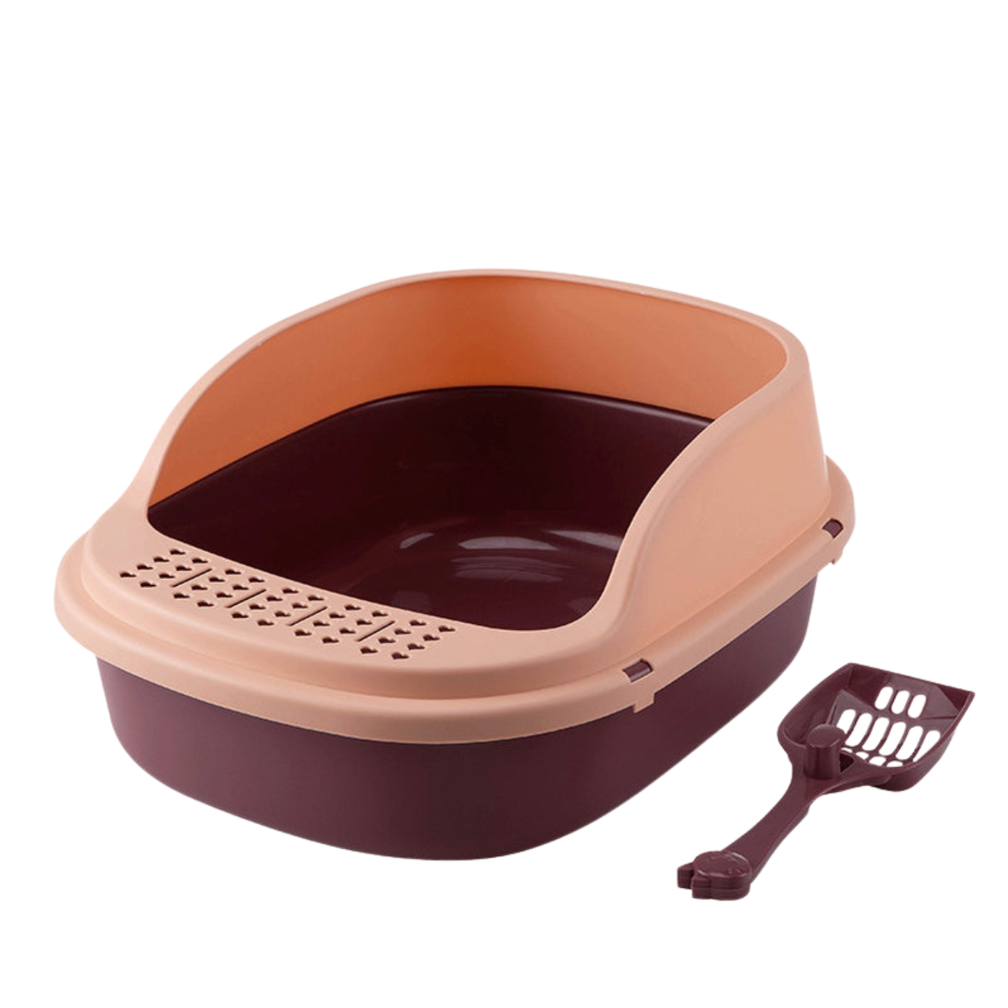 Open-Top Cat Litter Box with matching shovel in purple and pink