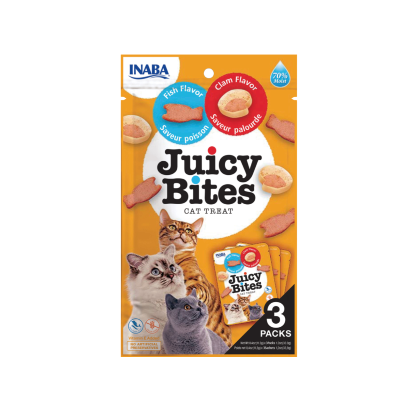 Inaba Juicy Bites Fish & Clam 11.3g 3-pack treat packaging