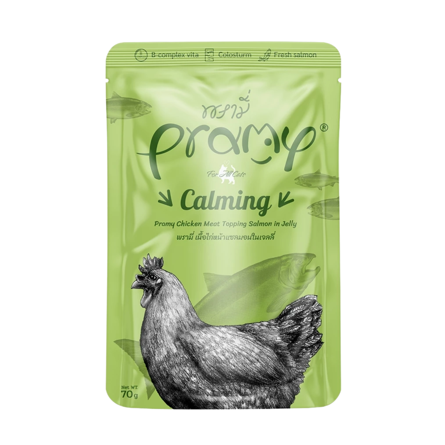 [12 Pouches] Pramy Cat Calming Chicken Meat Topping Salmon in Jelly (70g)