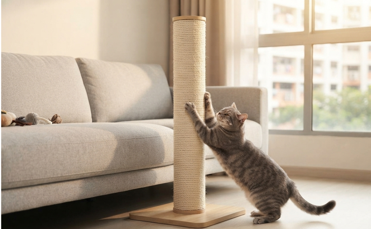 A cat stretching and scratching on a durable sisal scratching posts in a modern HDB living room.