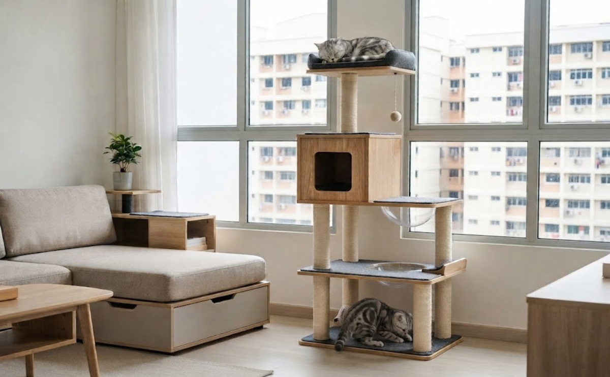 Best cat condo in singapore – modern multi-tier wooden tower with scratching posts and acrylic bowl in a compact HDB living room