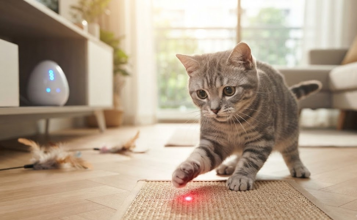 An indoor cat engaged with interactive toys, batting at a laser pointer dot on the floor with automated smart interactive toys in the background