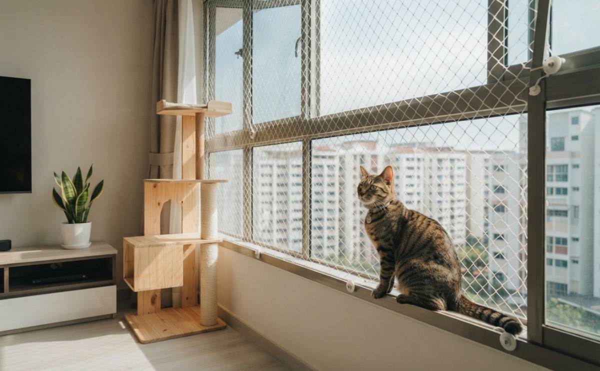 cat-proofing HDB flat with secure window mesh and a solid wood cat tree for indoor safety