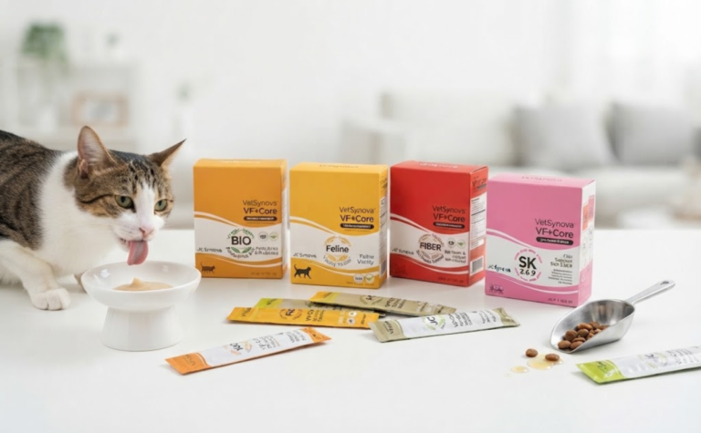 Pet supplements singapore – flat lay of VetSynova cat supplement boxes (KC, LS, RB, SK) and lickable sachets. Happy cat eating from a bowl and kibble scoop nearby on a white surface.