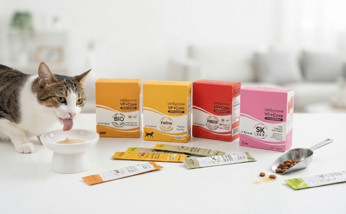 Pet supplements singapore – flat lay of VetSynova cat supplement boxes (KC, LS, RB, SK) and lickable sachets. Happy cat eating from a bowl and kibble scoop nearby on a white surface.