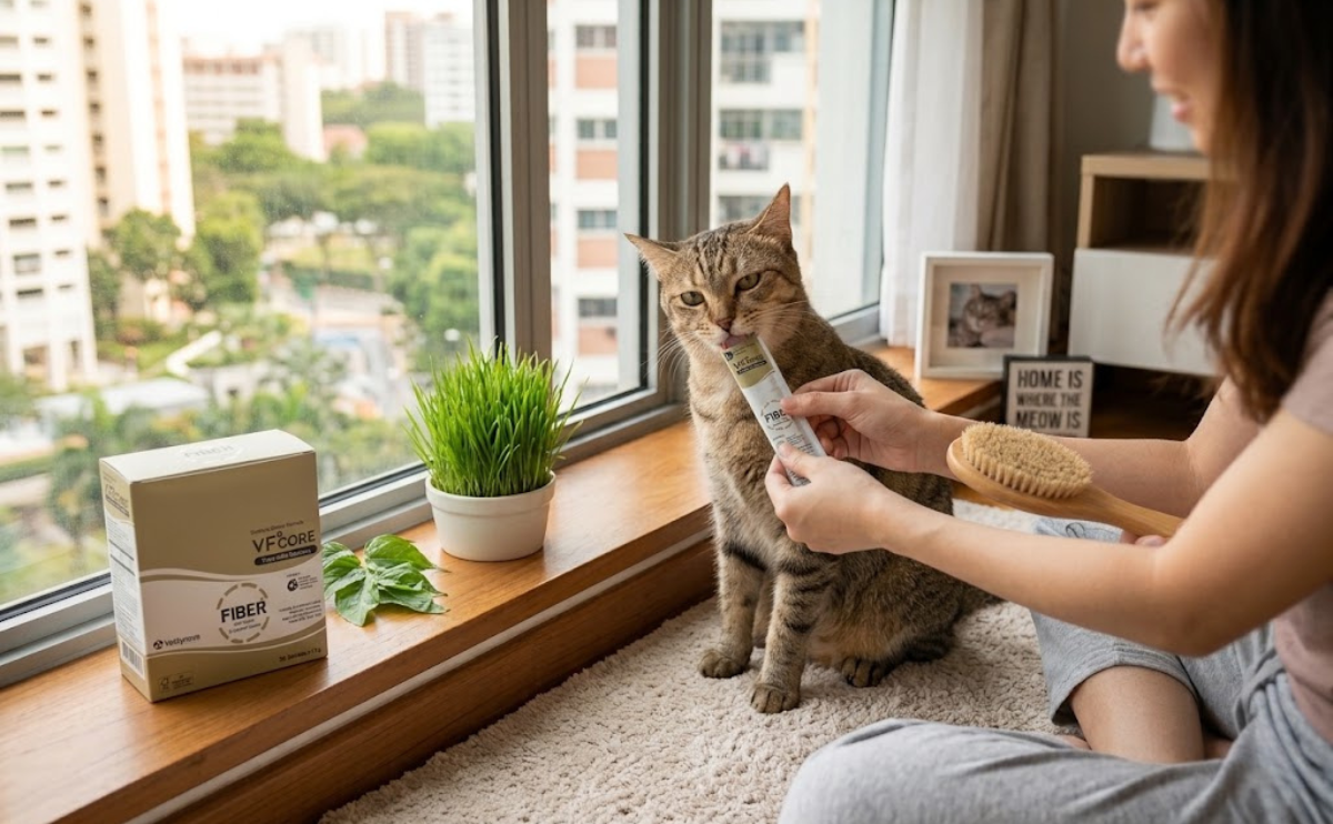 VetSynova VF Core FIBER supplement sachet and box for cat hairball solution in Singapore HDB apartment