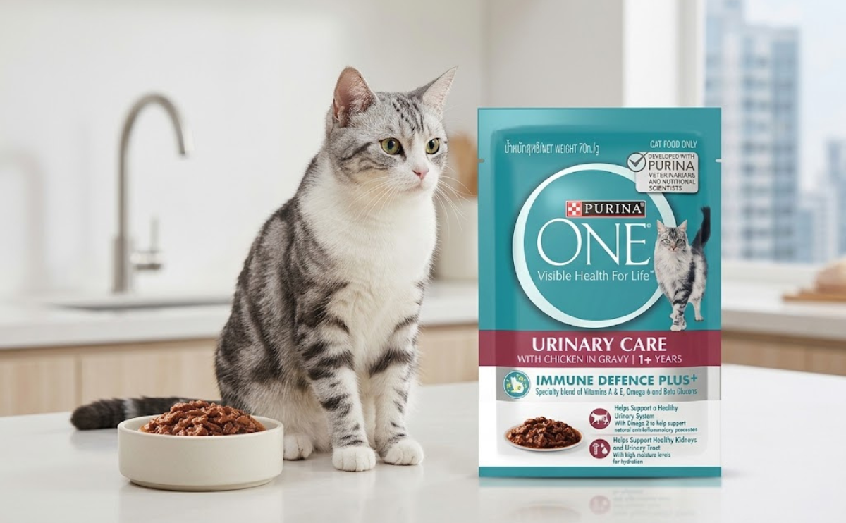 Purina One Urinary Care pouch and domestic cat next to a wet food bowl for cat urinary health in Singapore