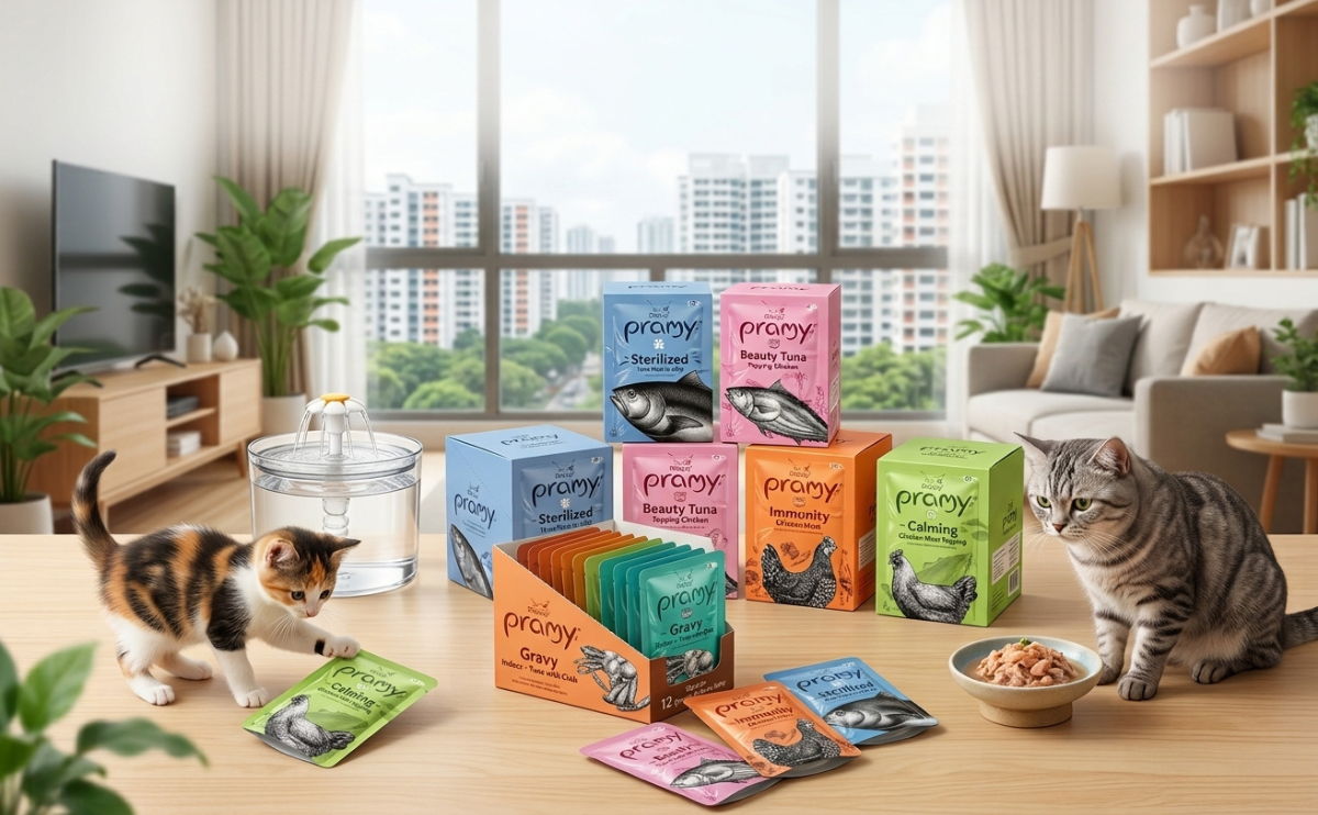 Pramy cat food in Singapore wet pouches and boxes with cats in a Singapore home interior