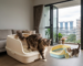 A large, fluffy Maine Coon cat stepping into a spacious cream-colored Catidea cat litter box in a modern Singapore apartment with Marina Bay Sands visible through the balcony doors. A smaller kitten stands next to a second blue and yellow litter box with a scoop.