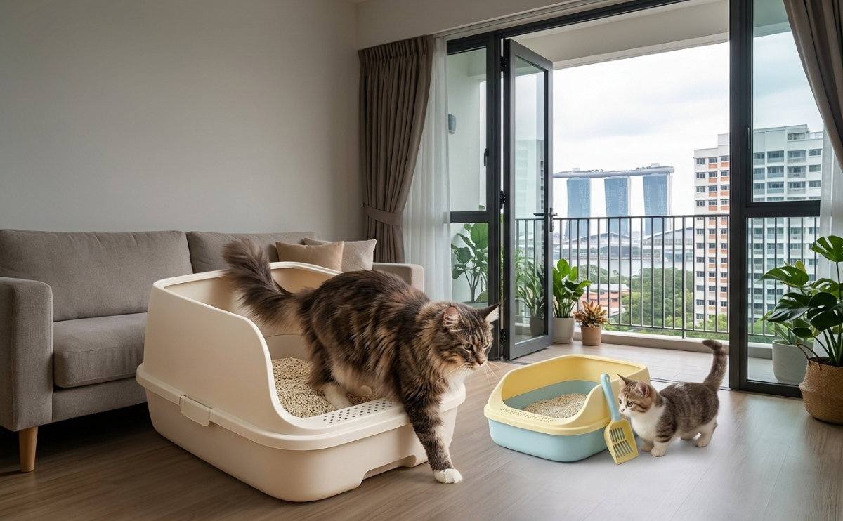 A large, fluffy Maine Coon cat stepping into a spacious cream-colored Catidea cat litter box in a modern Singapore apartment with Marina Bay Sands visible through the balcony doors. A smaller kitten stands next to a second blue and yellow litter box with a scoop.