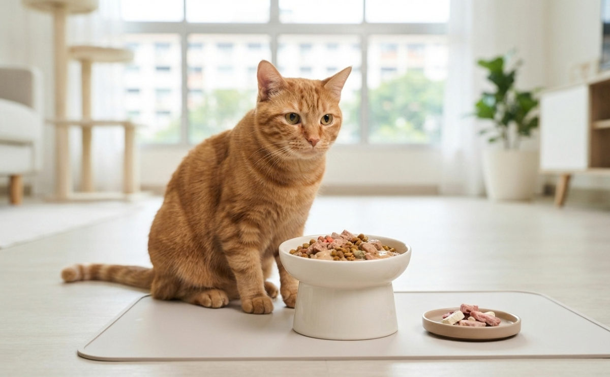 Alt Text: Healthy ginger cat eating high-quality wet and dry pet food from a bowl to represent the Best Cat Food in Singapore.